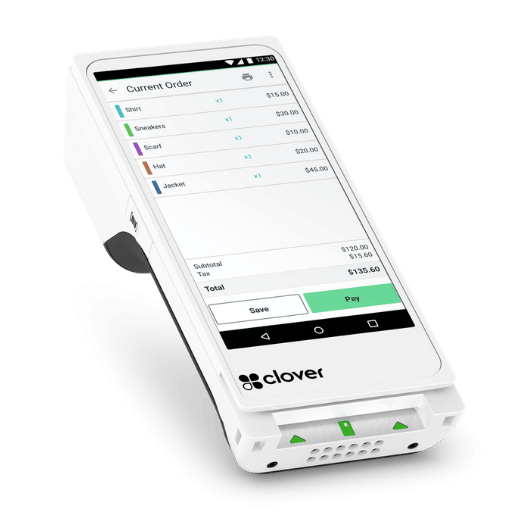 Handheld payment terminal with a touchscreen and card slot for tableside checkout