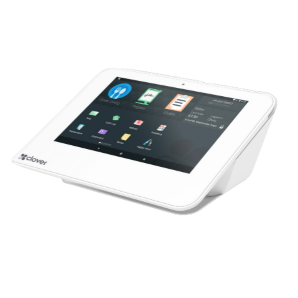 Compact touchscreen payment station on a small counter stand