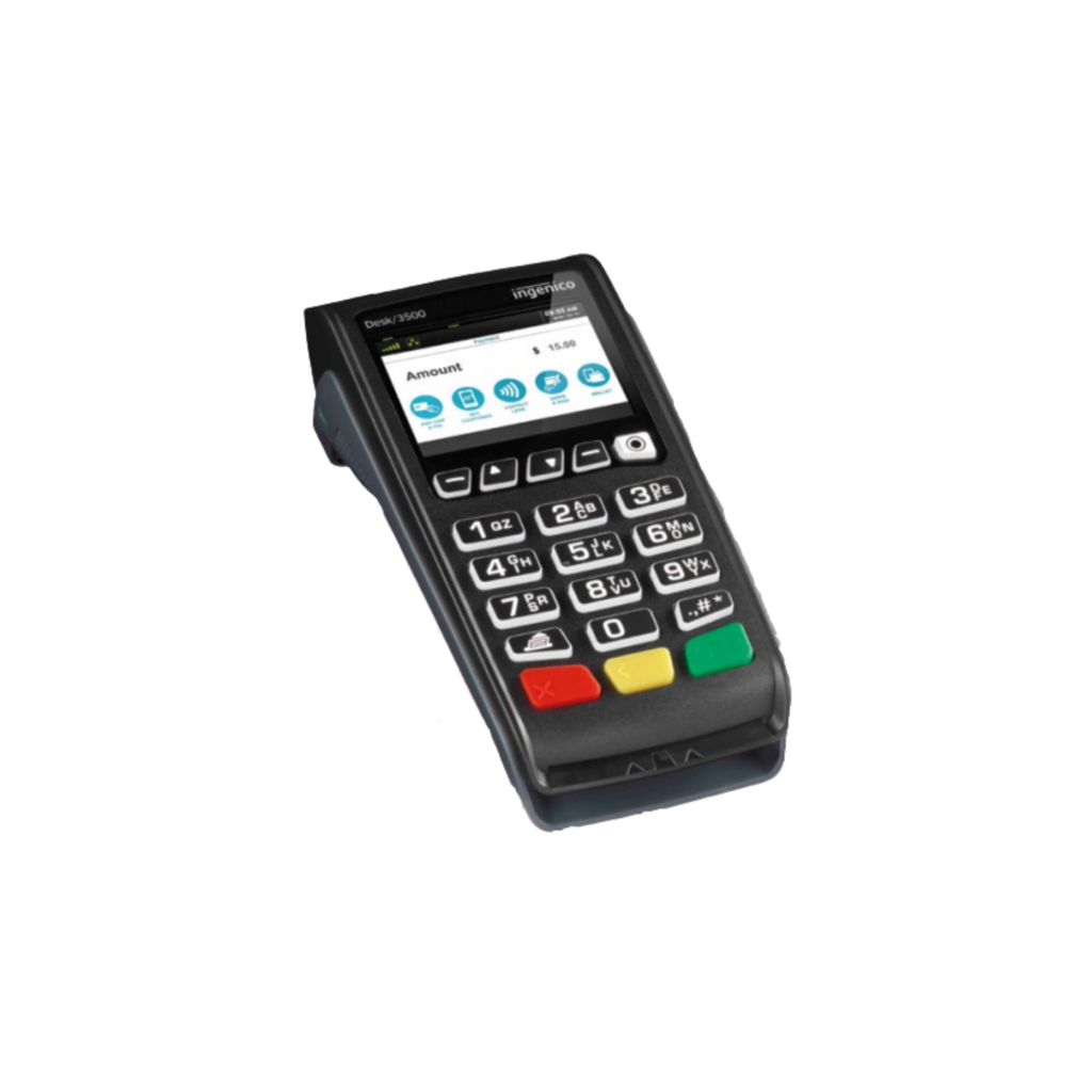 Black countertop card terminal with a keypad and built-in receipt printer