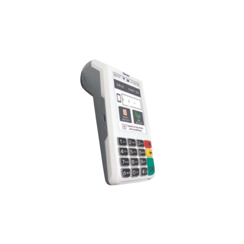 Rugged handheld payment terminal with a physical keypad, built for job sites